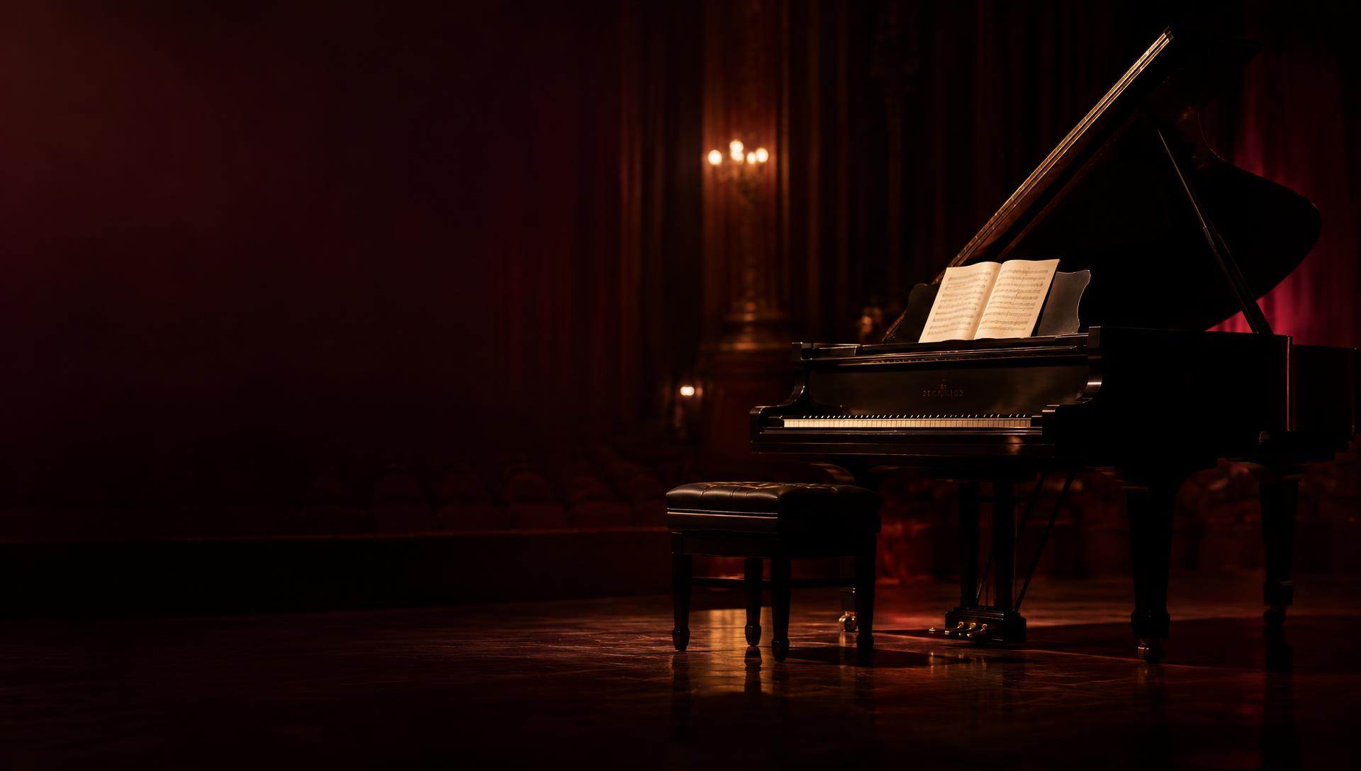 Grand piano on a dark stage
